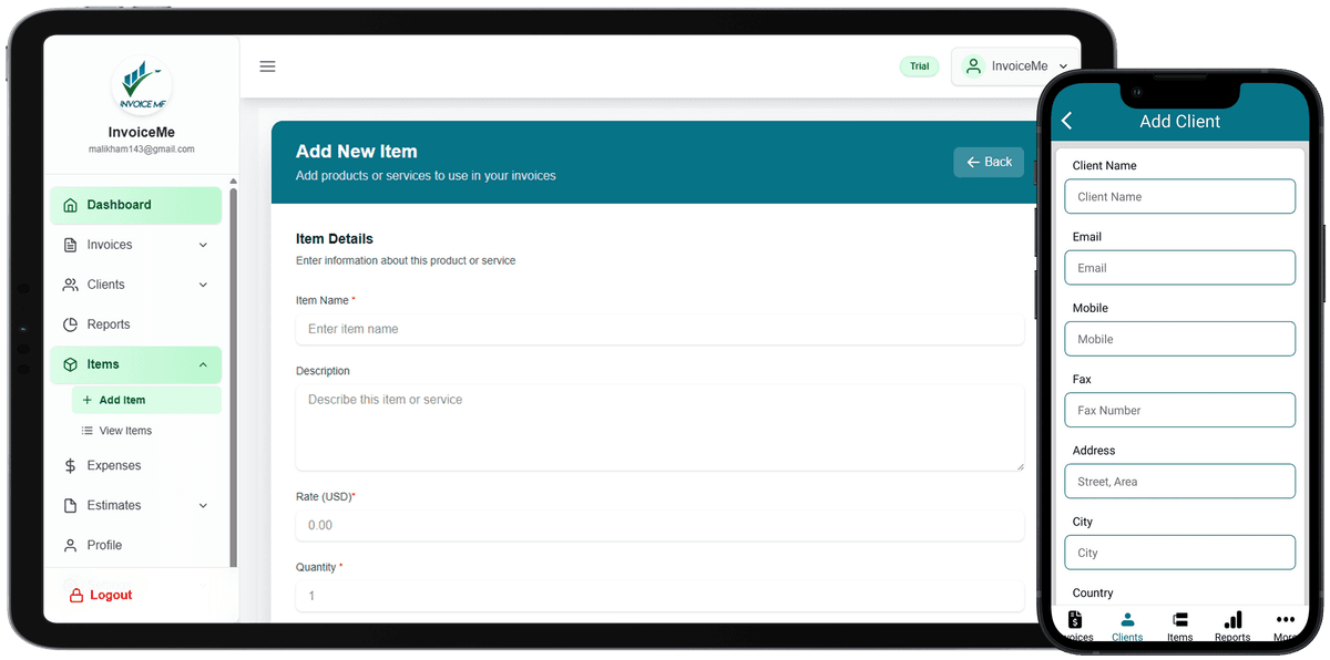 Screenshot of the client and item management dashboard.